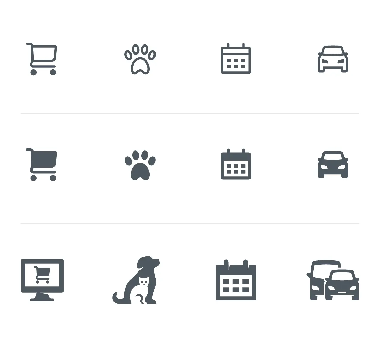 Multiple icon styles used within one brand showing outline, solid and communication icons