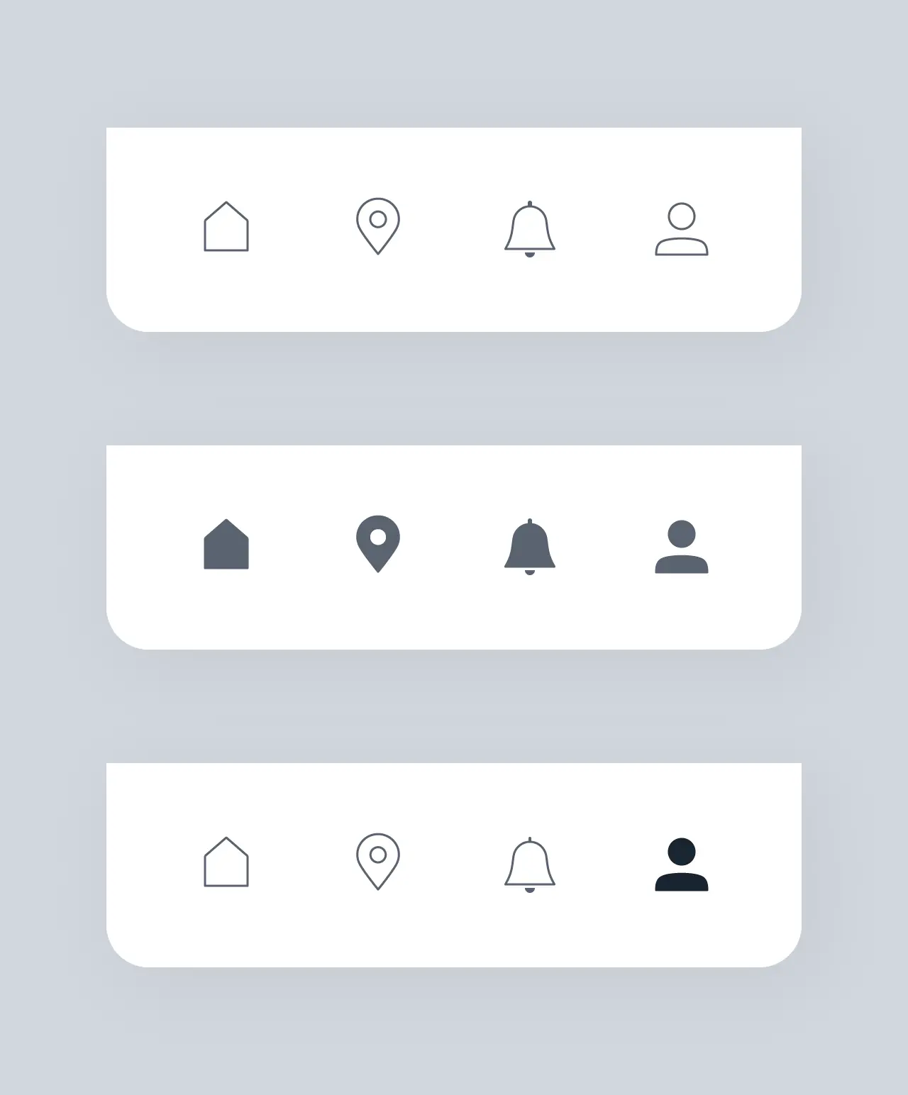 Outline icons for scanning and solid icons for selection in navigation and interface menus